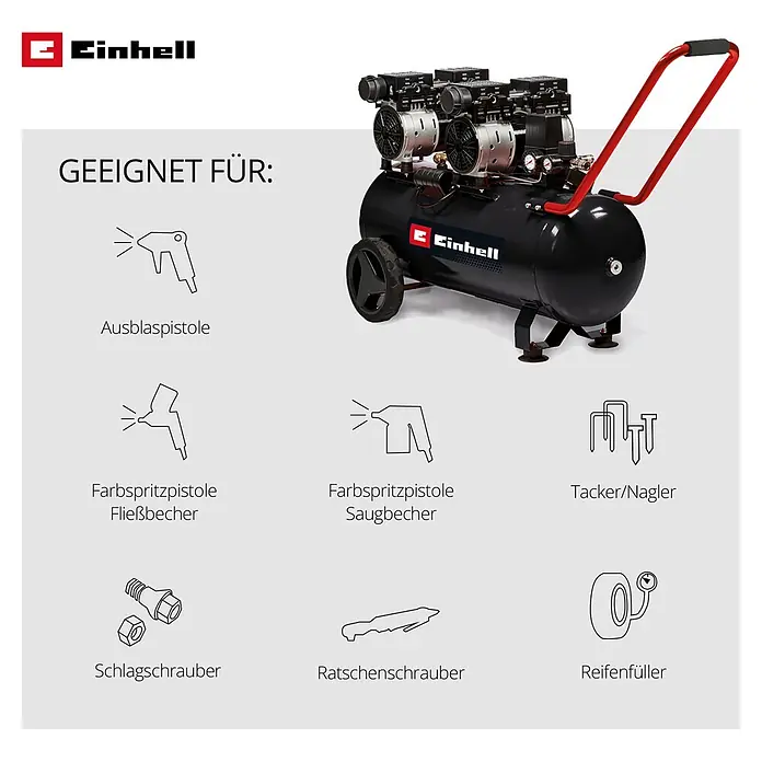Einhell Expert Plus Flüsterkompressor TE-AC 50 Silent - Max. Druck: 8 bar, 50 l - Schwarzer Einhell Luftkompressor, listet kompatible Druckluftwerkzeuge auf.