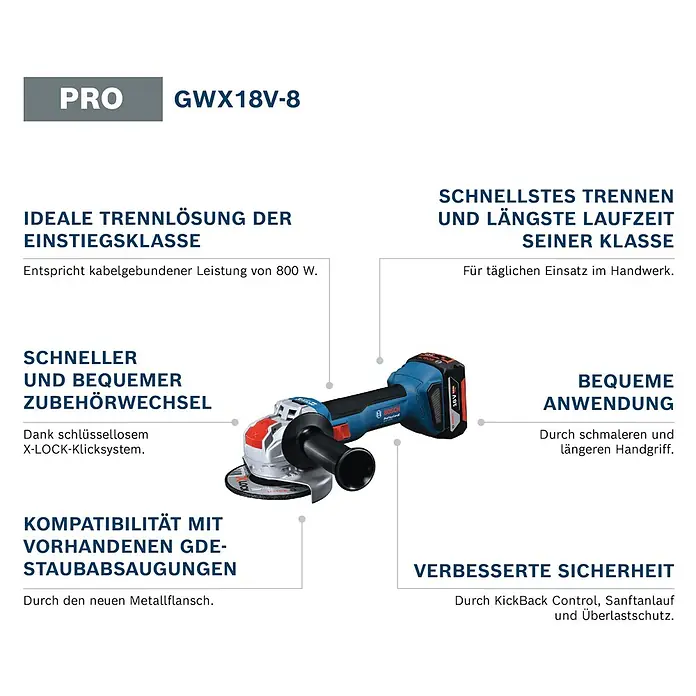 Bosch Professional AMPShare 18V Akku-Winkelschleifer GWX 18V-8 Solo - Ohne Akku, Durchmesser Scheibe: 125 mm - Blauer und schwarzer Bosch GWX18V-8 Akku-Winkelschleifer mit 18V-Akku und X-LOCK-System.