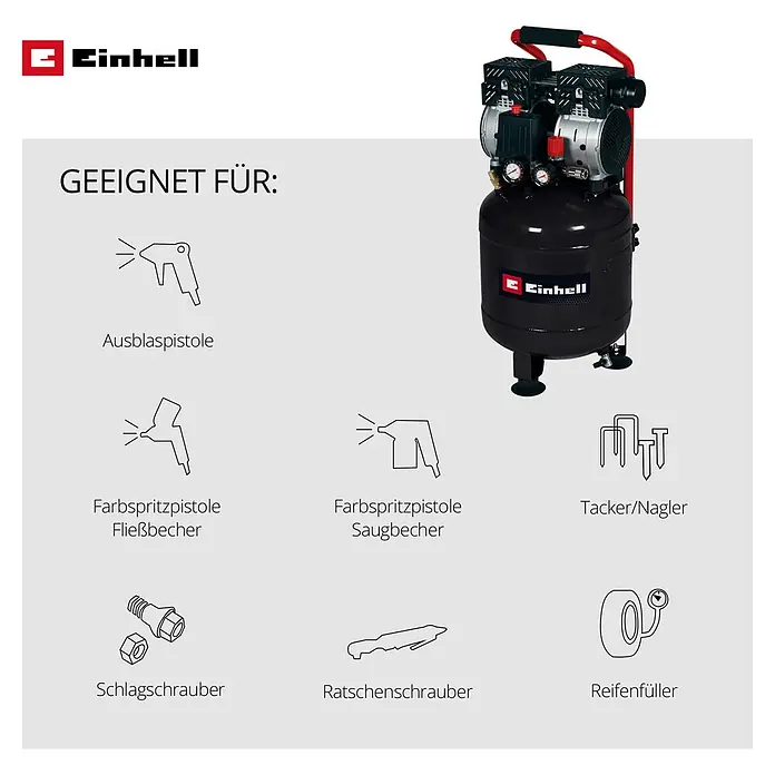 Einhell Flüsterkompressor TE-AC 135/24 Silent Plus - 750 W, Max. Druck: 8 bar, 24 l - Schwarzer Einhell Luftkompressor, geeignet für Druckluftwerkzeuge wie Spritzpistolen, Tacker, Schlagschrauber und Reifenfüller.