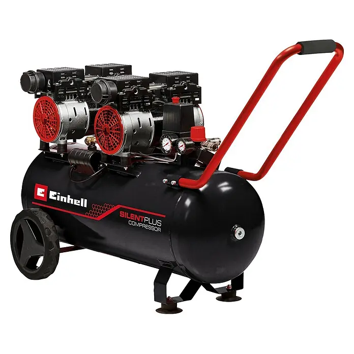 Einhell Expert Plus Flüsterkompressor TE-AC 50 Silent - Max. Druck: 8 bar, 50 l - Schwarzer Einhell SilentPlus Kompressor mit rotem Griff, Manometern und Rädern.