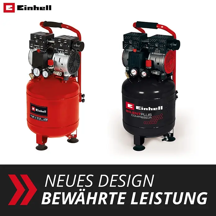 Einhell Flüsterkompressor TE-AC 135/24 Silent Plus - 750 W, Max. Druck: 8 bar, 24 l - Roter Einhell Luftkompressor (bewährte Leistung) neben schwarzem Einhell Luftkompressor (neues Design).