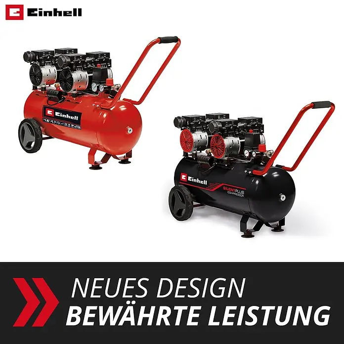 Einhell Expert Plus Flüsterkompressor TE-AC 50 Silent - Max. Druck: 8 bar, 50 l - Zwei Einhell Druckluftkompressoren in Rot und Schwarz, mit Rädern und Griffen, zeigen neues Design und bewährte Leistung.