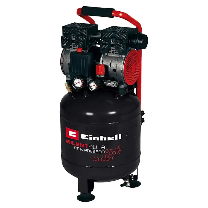 Einhell Flüsterkompressor TE-AC 135/24 Silent Plus - 750 W, Max. Druck: 8 bar, 24 l - Schwarzer Einhell Silent Plus Kompressor mit rotem Griff, Manometern und Akzenten.