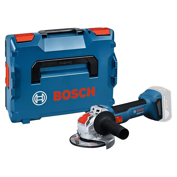 Bosch Professional AMPShare 18V Akku-Winkelschleifer GWX 18V-8 Solo - Ohne Akku, Durchmesser Scheibe: 125 mm - Blaue Bosch L-Boxx und blauer Akku-Winkelschleifer mit silbernem Kopf und Trennscheibe.