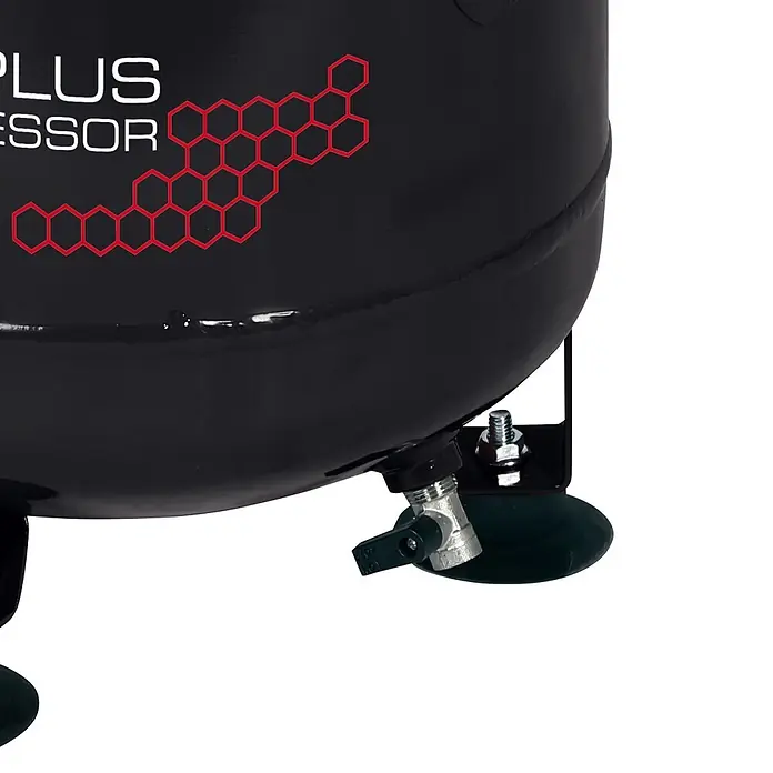 Einhell Flüsterkompressor TE-AC 135/24 Silent Plus - 750 W, Max. Druck: 8 bar, 24 l - Unterer Teil eines schwarzen Luftkompressortanks mit rotem Wabenmuster, Metall-Ablassventil und schwarzem Standfuß.