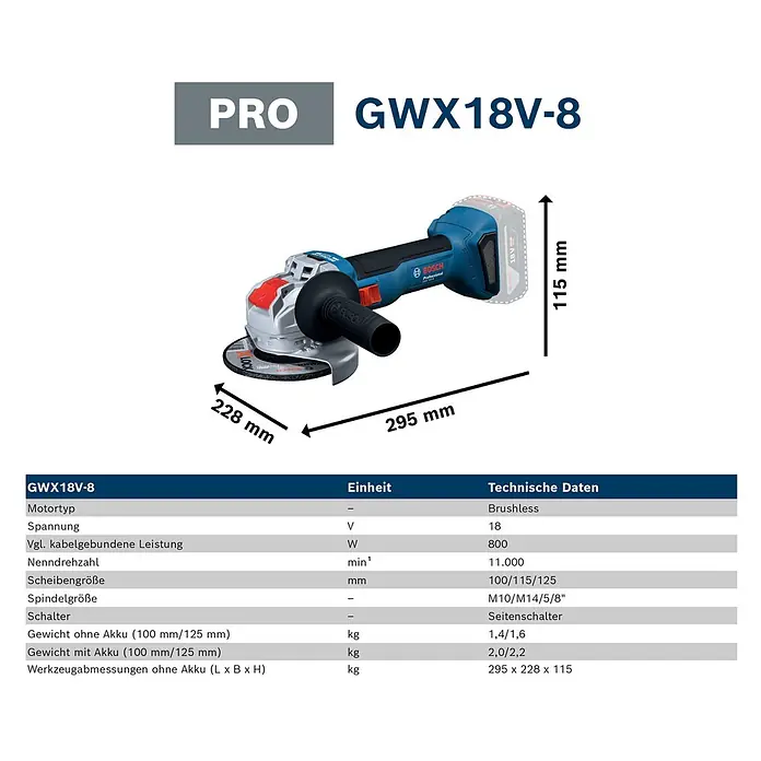 Bosch Professional AMPShare 18V Akku-Winkelschleifer GWX 18V-8 Solo - Ohne Akku, Durchmesser Scheibe: 125 mm - Blauer und schwarzer Bosch GWX18V-8 Akku-Winkelschleifer mit Maßen und technischen Daten, der seinen bürstenlosen Motor zeigt.
