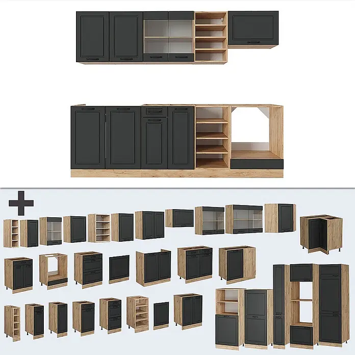 Vicco Küchenzeile R-Line Anthrazit Landhaus/Goldkraft Eiche, AP Eiche - Anthrazit Landhaus, Ohne Elektrogeräte - Modulares Küchenschrank-Set mit dunkelgrauen Türen und hellen Holzdetails, als Einheit und einzelne Module.
