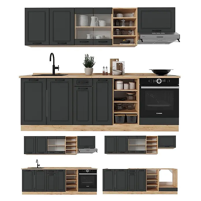 Vicco Küchenzeile R-Line Anthrazit Landhaus/Goldkraft Eiche, AP Eiche - Anthrazit Landhaus, Ohne Elektrogeräte - Dunkelgraue Küchenschränke mit heller Holzplatte und offenen Regalen, diverse Module mit Spüle, Kochfeld und Backofen, in verschiedenen Konfigurationen.