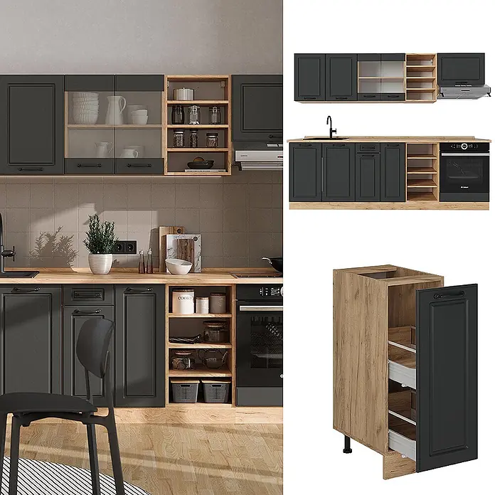Vicco Küchenzeile R-Line Anthrazit Landhaus/Goldkraft Eiche, AP Marmor - Anthrazit Landhaus, Ohne Elektrogeräte - Moderne Küche mit dunkelgrauen Schränken, Arbeitsplatten aus Holz, offenen Regalen und integrierten Geräten.