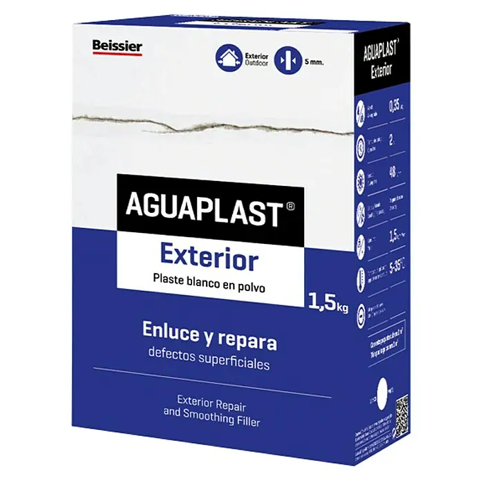 Beissier Aguaplast Plaste Exterior - Blanco, 1,5 kg - Imagen de un paquete de 1,5 kg de masilla AGUAPLAST Exterior para reparación y alisado de exteriores.