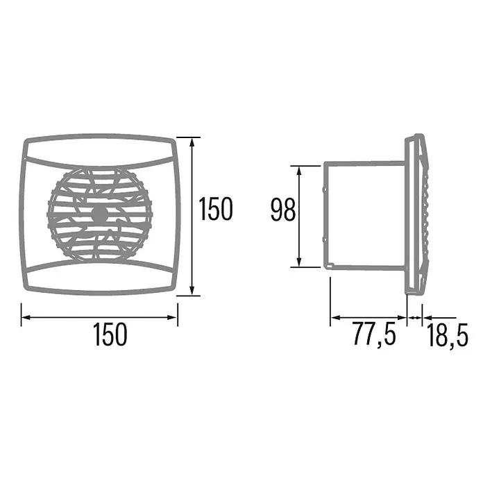 Cata Extractor mural UC-10 STD - Negro, 10 cm, Potencia de aire: 110 m³/h - Diagrama técnico de un ventilador cuadrado gris con vistas frontal y lateral y dimensiones: frontal de 150x150mm, conducto de 98mm, longitud de 77,5mm.