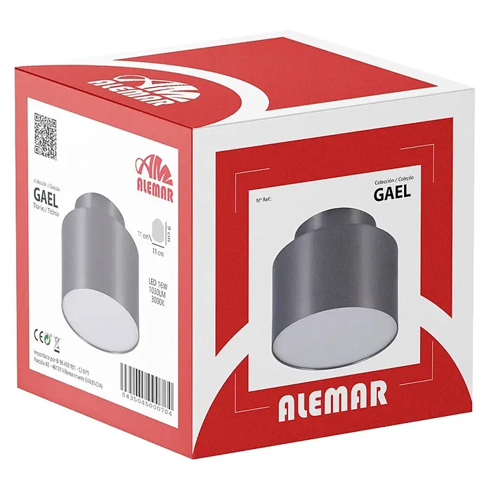 Plafón LED redondo Gael - 16 W, Ø x Al: 11 x 9 cm, Titanio, Blanco cálido - Foco de techo LED cilíndrico color titanio en su embalaje de producto.