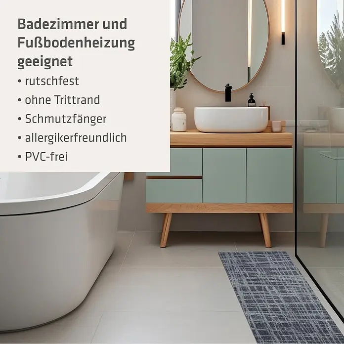 Akzente Fußmatte Feel - 100 x 35 cm, Mehrfarbig, Motiv / Muster - Grauer gemusterter Läufer in einem modernen Badezimmer, rutschfest und für Fußbodenheizung geeignet.