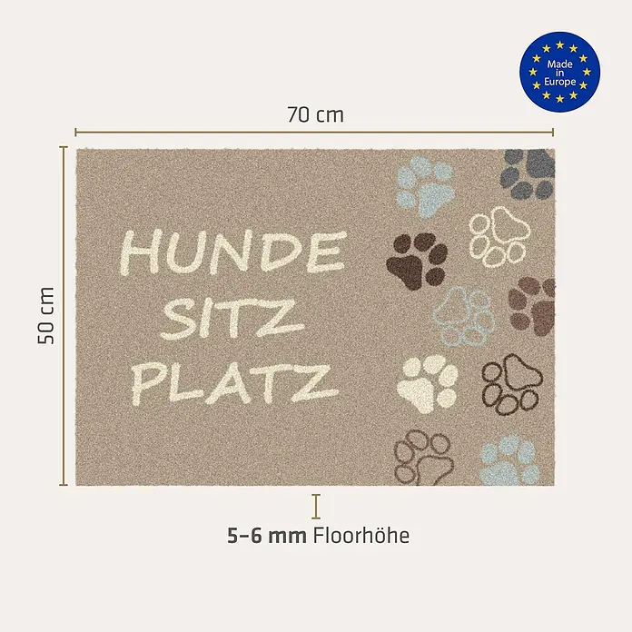 Akzente Fußmatte Feel - 70 x 50 cm, Mehrfarbig, Motiv / Muster|Tiere|Schriftzug - Beige Hundefußmatte mit 'HUNDE SITZ PLATZ' Schriftzug und bunten Pfotenabdrücken, 70x50 cm.