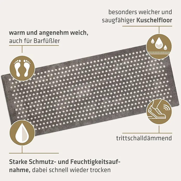 Akzente Fußmatte Feel - 200 x 80 cm, Mehrfarbig, Motiv / Muster - Graue Badematte mit weißen Punkten, besonders weich, saugfähig und trittschalldämmend.