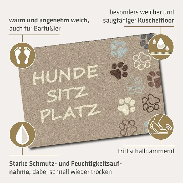 Akzente Fußmatte Feel - 70 x 50 cm, Mehrfarbig, Motiv / Muster|Tiere|Schriftzug - Beige Fußmatte mit 'HUNDE SITZ PLATZ' und Pfotenabdrücken, weich, saugfähig, schmutz- und feuchtigkeitsaufnehmend, schnell trocknend und trittschalldämmend.