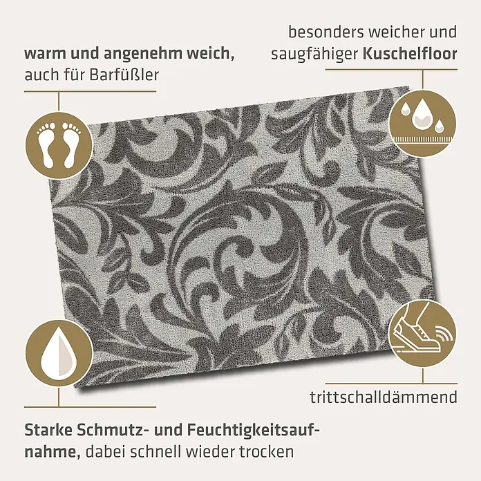 Akzente Fußmatte Feel - Mehrfarbig, Motiv / Muster|Floral - Eine graue, gemusterte Fußmatte mit weichem, saugfähigem und trittschalldämmendem Flor, die Schmutz und Feuchtigkeit schnell aufnimmt.