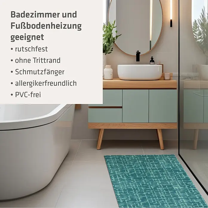 Akzente Fußmatte Feel - 200 x 80 cm, Mehrfarbig, Motiv / Muster - Türkiser gemusterter Badteppich in einem modernen Badezimmer, rutschfest und PVC-frei, für Fußbodenheizung geeignet.