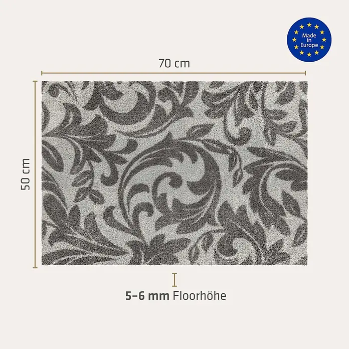 Akzente Fußmatte Feel - Mehrfarbig, Motiv / Muster|Floral - Grau gemusterte Fußmatte mit Blumenmuster, 70x50 cm, 5-6 mm Florhöhe. Hergestellt in Europa.