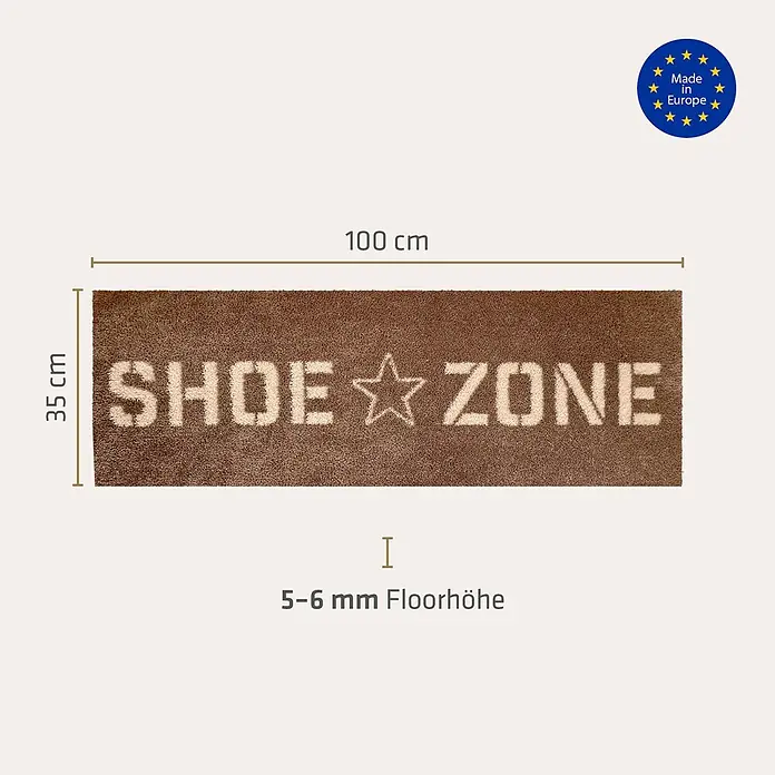 Akzente Fußmatte Feel - Mehrfarbig, Schriftzug - Braune Fußmatte mit 'SHOE ☆ ZONE' Aufschrift, 100x35 cm, 5-6mm dick. Hergestellt in Europa.