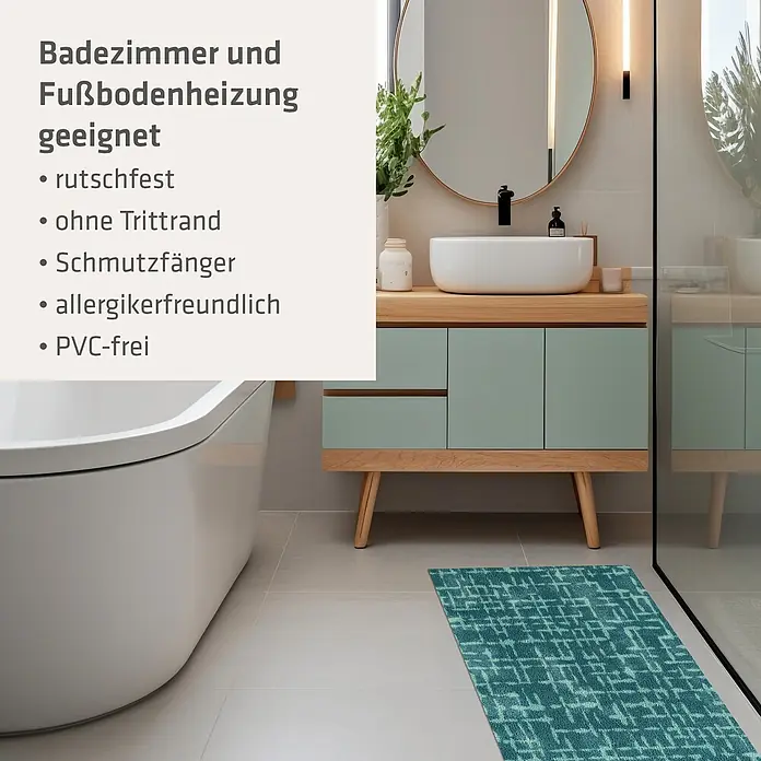 Akzente Fußmatte Feel - Mehrfarbig, Motiv / Muster - Türkisblau gemusterter Badteppich in einem modernen Badezimmer, rutschfest und für Fußbodenheizung geeignet.