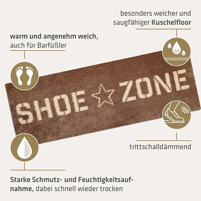 Akzente Fußmatte Feel - Mehrfarbig, Schriftzug - Braune Fußmatte mit "SHOE ZONE"-Schriftzug, beschrieben als weich, saugfähig, schnell trocknend und trittschalldämmend.