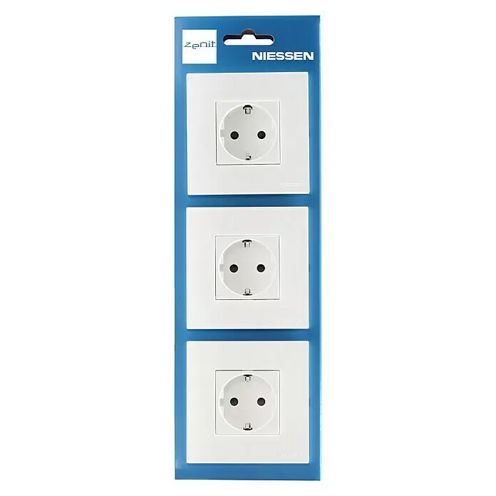 Niessen Zenit Enchufe 2 P+TT pack 3 unidades - Blanco, Plástico, Montaje en la pared - Tres enchufes eléctricos blancos en una tarjeta azul con la marca Zenit Niessen.