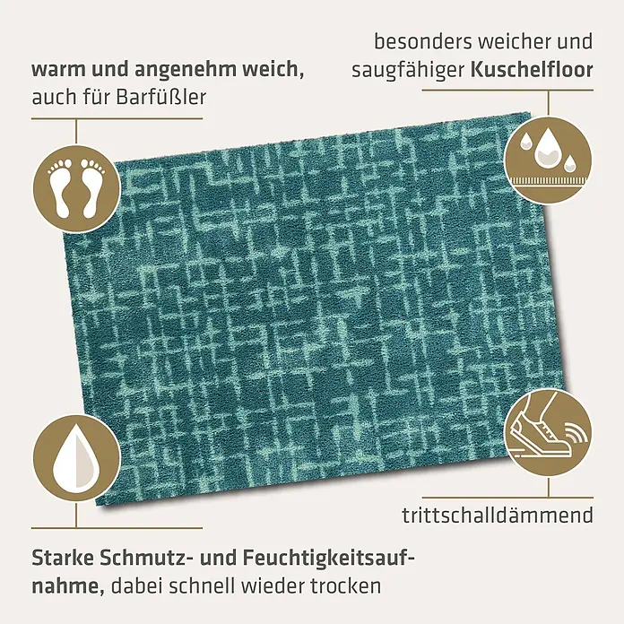 Akzente Fußmatte Feel - Mehrfarbig, Motiv / Muster - Weiche, saugfähige, petrolfarbene Matte mit geometrischem Muster, schalldämmend und schnell trocknend.