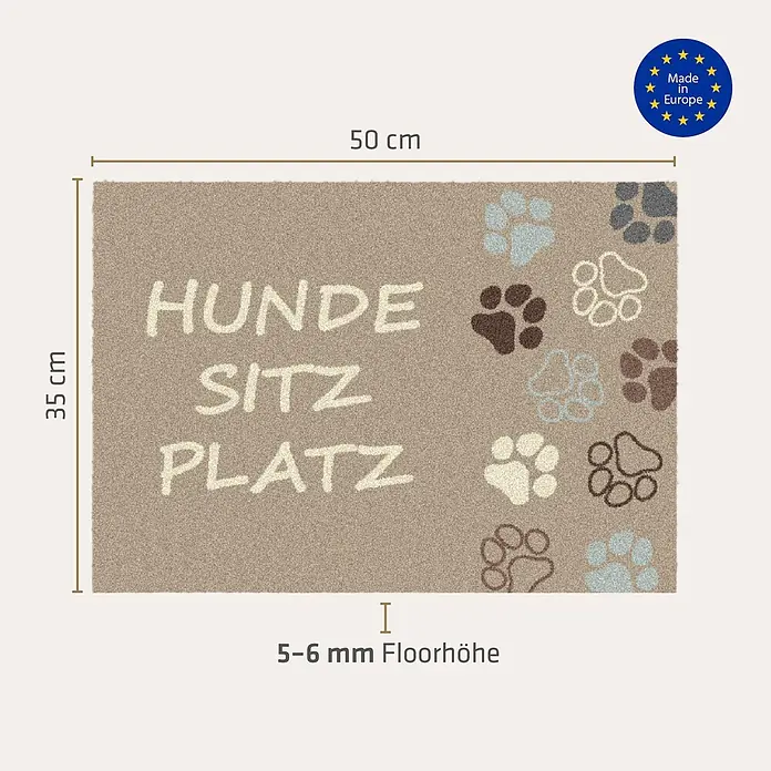 Akzente Fußmatte Feel - Mehrfarbig, Motiv / Muster|Tiere|Schriftzug - Rechteckige beige Hundematte mit "HUNDE SITZ PLATZ" Text und Pfotenabdrücken. 50x35 cm, 5-6mm Florhöhe. Made in Europe.