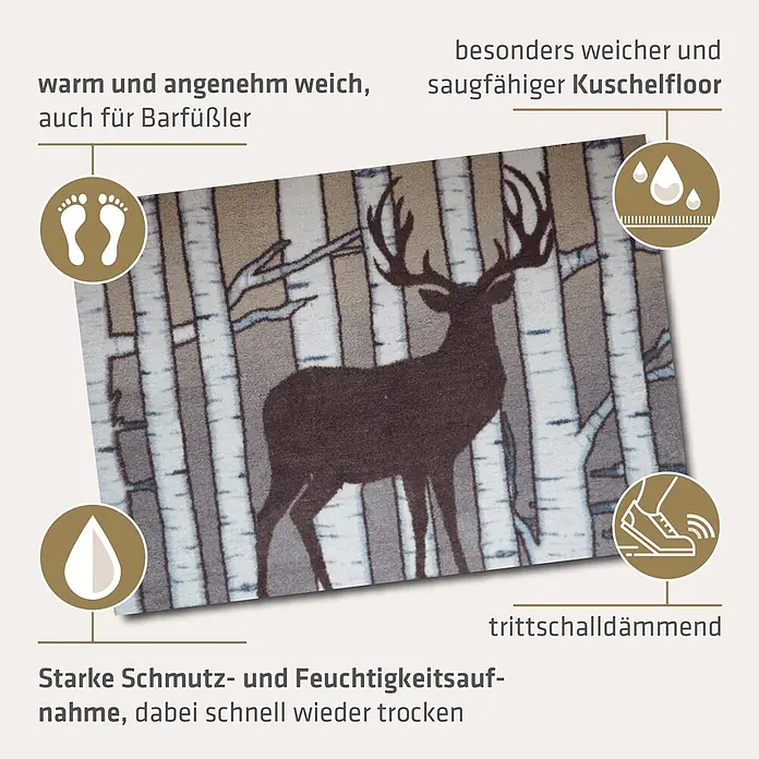 Akzente Fußmatte Feel - Mehrfarbig, Tiere - Ein weicher, saugf. Fußmatte mit Hirsch- und Baumdesign in Erdtönen, trittschalldämmend und warm für Barfüßler.