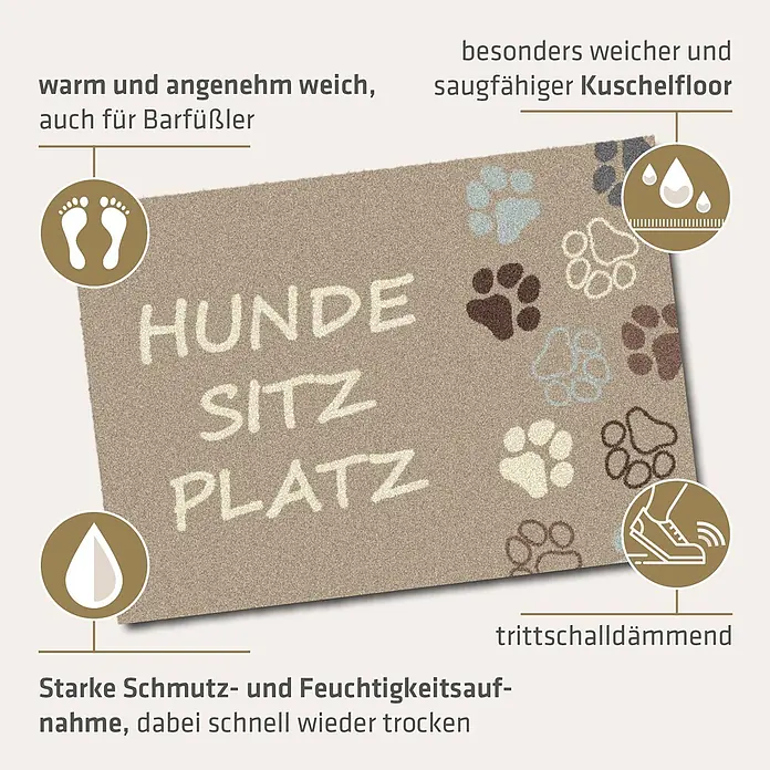 Akzente Fußmatte Feel - Mehrfarbig, Motiv / Muster|Tiere|Schriftzug - Beige Hundematte mit der Aufschrift 'HUNDE SITZ PLATZ' und Pfotenabdrücken. Weich, saugfähig und schmutzabweisend.