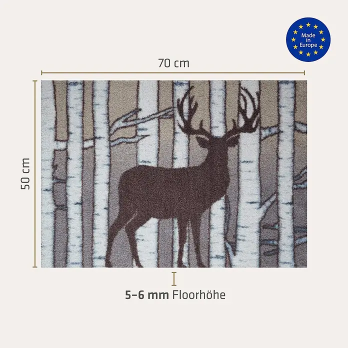 Akzente Fußmatte Feel - Mehrfarbig, Tiere - Rechteckiger Teppich mit Hirsch- und Birkenbaum-Design, 50x70 cm, 5-6 mm Floorhöhe, Made in Europe.