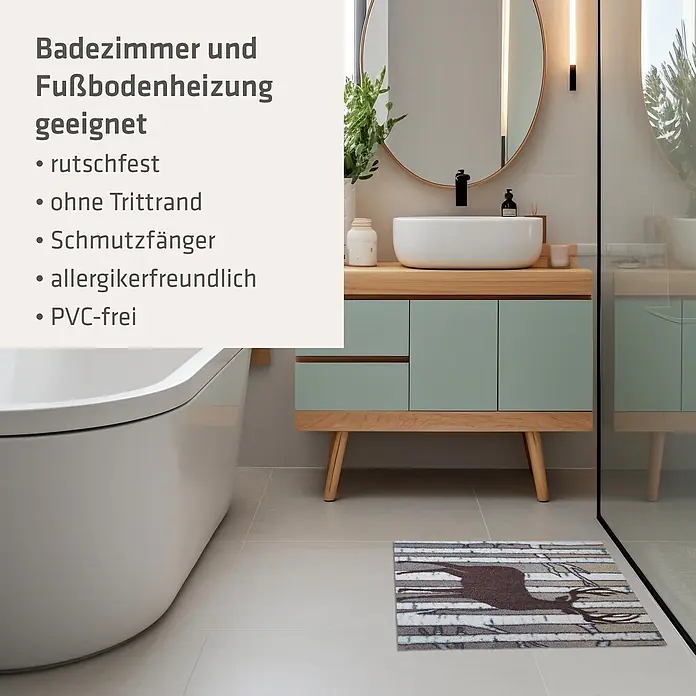 Akzente Fußmatte Feel - Mehrfarbig, Tiere - Badematte mit Hirschmotiv auf hellem Fliesenboden.