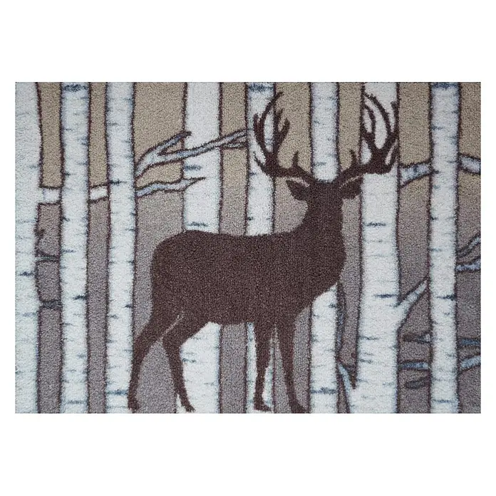 Akzente Fußmatte Feel - Mehrfarbig, Tiere - Braunes Hirsch- und Birkenbaum-Design auf einem strukturierten Fleeceteppich.