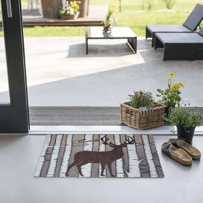 Akzente Fußmatte Feel - Mehrfarbig, Tiere - Gemusterte Fußmatte mit Hirsch- und Birkenbaumdesign an einem Außeneingang auf einer Terrasse.