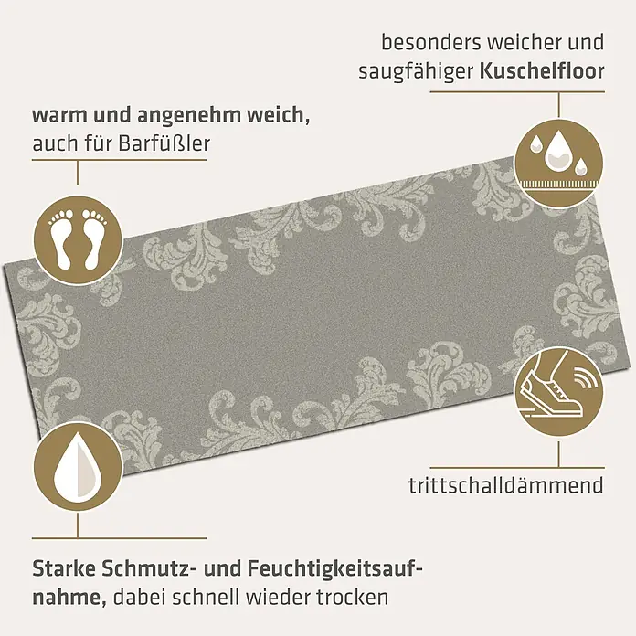 Akzente Fußmatte Feel - 200 x 80 cm, Mehrfarbig, Motiv / Muster|Floral - Grauer Teppichläufer mit dekorativem Muster und weicher, saugfähiger Oberfläche.