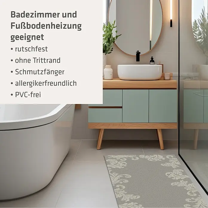 Akzente Fußmatte Feel - 200 x 80 cm, Mehrfarbig, Motiv / Muster|Floral - Graue Badematte mit hellem Blumenmuster auf Badezimmerboden, für Fußbodenheizung geeignet.