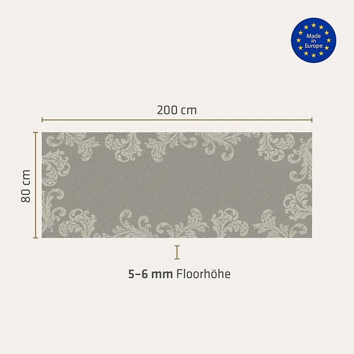 Akzente Fußmatte Feel - 200 x 80 cm, Mehrfarbig, Motiv / Muster|Floral - Grauer Teppich mit dekorativem Rand, 80x200 cm, 5-6 mm Florhöhe. Hergestellt in Europa.