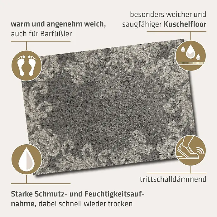 Akzente Fußmatte Feel - Mehrfarbig, Motiv / Muster|Floral - Graue Fußmatte mit hellgrauem Zierrand. Sie ist weich und saugfähig.