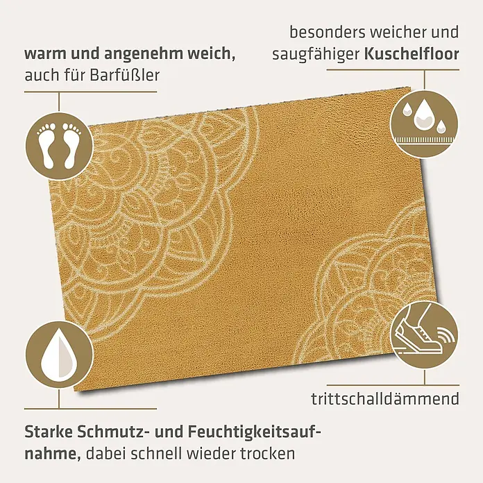 Akzente Fußmatte Feel - Mehrfarbig, Motiv / Muster - Goldgelbe Fußmatte mit Mandala-Muster, warm, weich, saugfähig und trittschalldämmend.