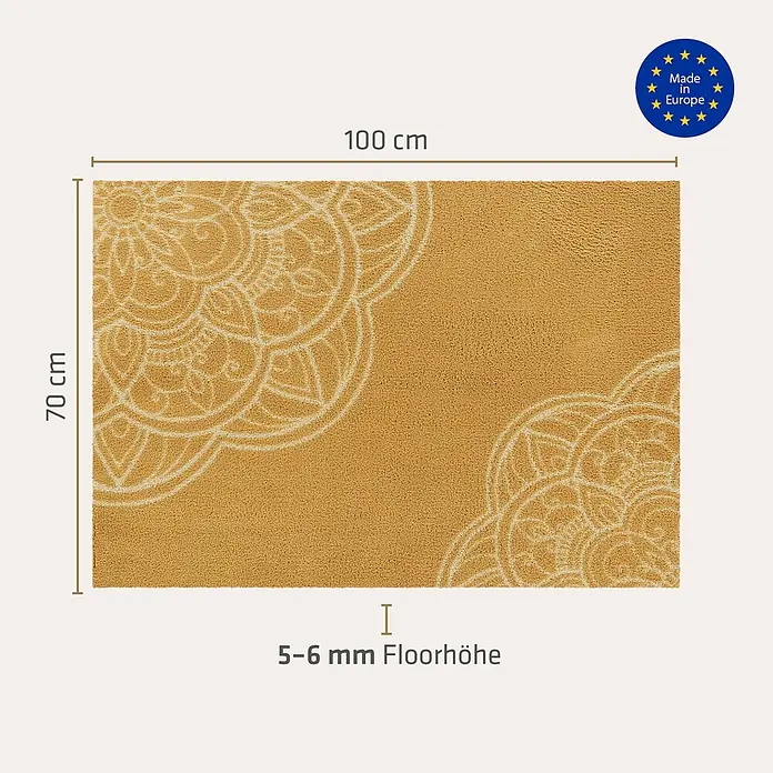 Akzente Fußmatte Feel - Mehrfarbig, Motiv / Muster - Senfgelbe Rechteckmatte mit beigem Mandalamuster, 100x70 cm, 5-6mm Florhöhe. Hergestellt in Europa.