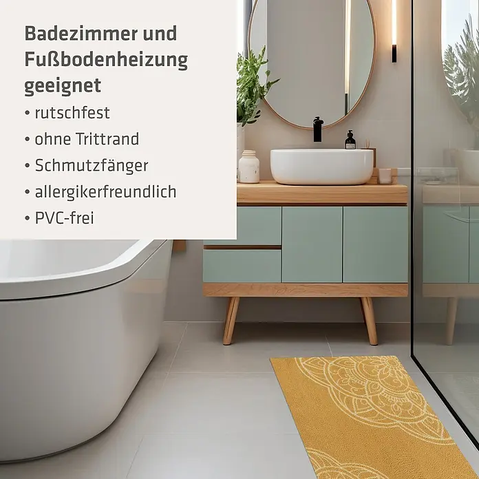 Akzente Fußmatte Feel - Mehrfarbig, Motiv / Muster - Gelbe Badematte mit weißem Mandalamuster auf Fliesenboden in einem modernen Bad.
