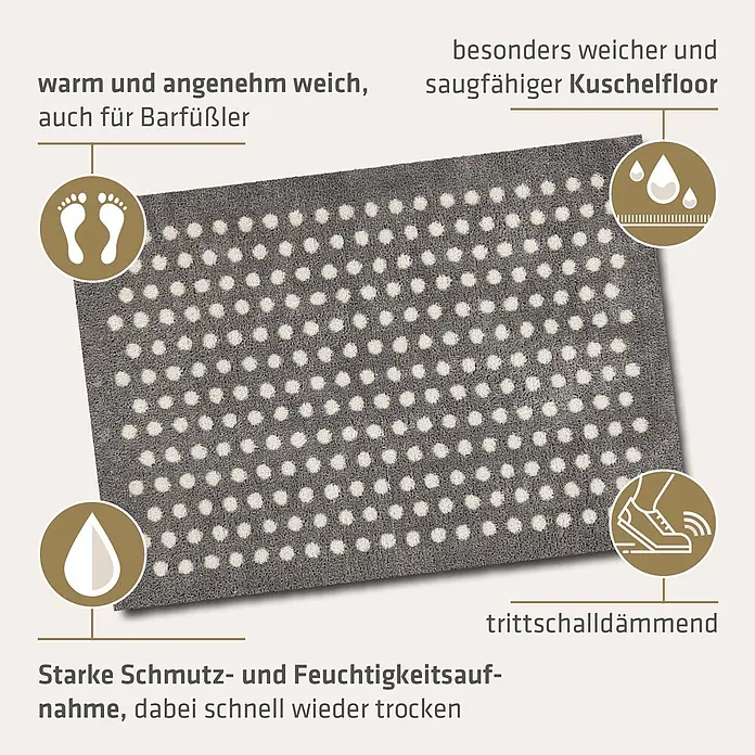 Akzente Fußmatte Feel - Mehrfarbig, Motiv / Muster - Weiche, saugfähige graue Matte mit weißen Punkten. Ideal für Wärme, Trittschalldämmung und schnelle Schmutz- und Feuchtigkeitsaufnahme.