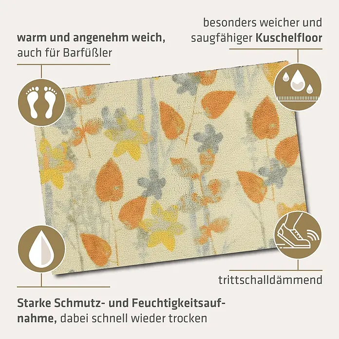 Akzente Fußmatte Feel - Mehrfarbig, Motiv / Muster|Floral - Eine beige-cremefarbene Matte mit herbstlichem Blumenmuster in Orange, Gelb und Grau.