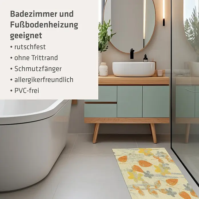 Akzente Fußmatte Feel - Mehrfarbig, Motiv / Muster|Floral - Bunter Badteppich mit Blattmuster auf hellgrauem Badezimmerboden. Geeignet für Bäder und Fußbodenheizung.