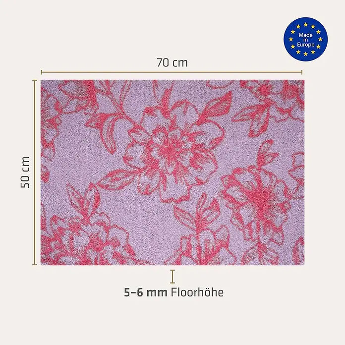 Akzente Fußmatte Feel - Mehrfarbig, Motiv / Muster - Lila Fußmatte mit rotem Blumenmuster, 70x50 cm, 5-6 mm Florhöhe.