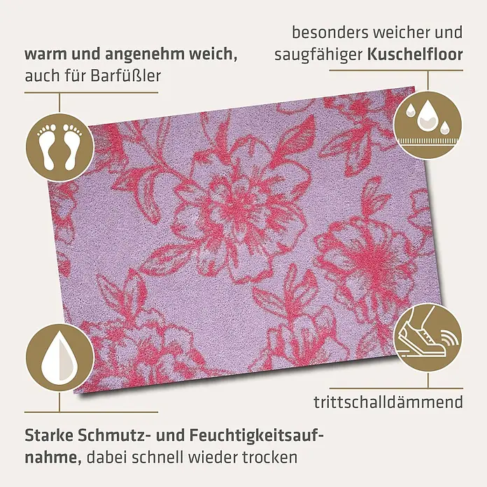 Akzente Fußmatte Feel - Mehrfarbig, Motiv / Muster - Lilafarbener Teppich mit rosa Blumenmuster, weich, saugfähig, trittschalldämmend und schnell trocknend.