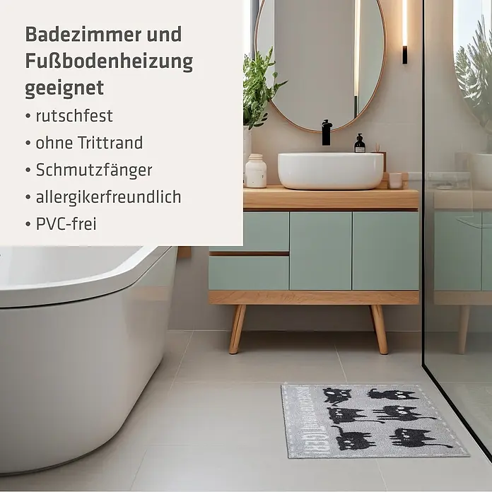 Akzente Fußmatte Feel - Mehrfarbig, Tiere|Schriftzug - Graue Badematte mit schwarzen Katzenmotiven in einem modernen Badezimmer. Rutschfest, allergikerfreundlich und PVC-frei.