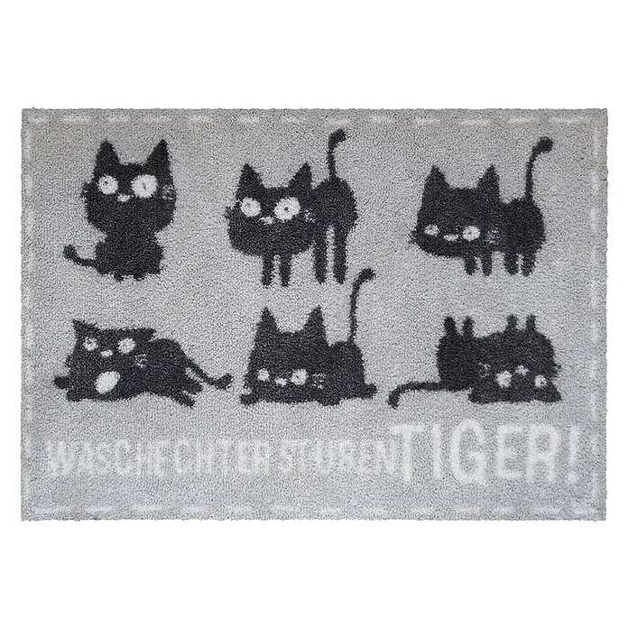 Akzente Fußmatte Feel - Mehrfarbig, Tiere|Schriftzug - Graue Fußmatte mit schwarzen Katzenmotiven und dem Text "WASCHAECHTER STUBENTIGER!".