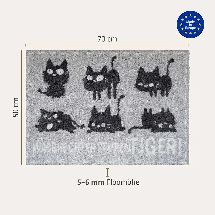 Akzente Fußmatte Feel - Mehrfarbig, Tiere|Schriftzug - Hellgraue Fußmatte mit schwarzen Katzenmotiven und deutschem Text "WASCHECHTER STUBENTIGER!", 70x50 cm, 5-6 mm Florhöhe.
